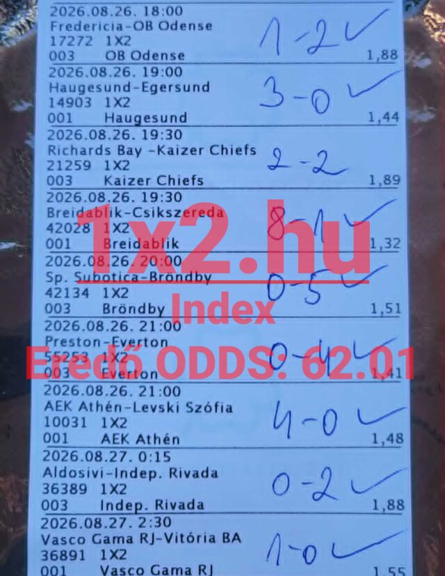 Kinyomtatott sportfogadási szelvény kézzel beírt végeredményekkel és pipákkal, 62.01-es eredő oddsszal.