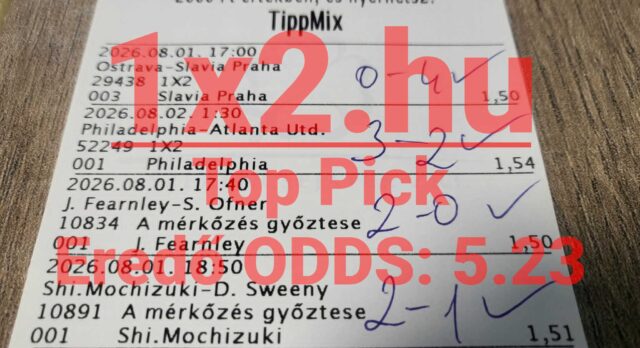 Sikeres TippMix sportfogadási szelvény kézzel írt nyertes eredményekkel és zöld pipákkal.