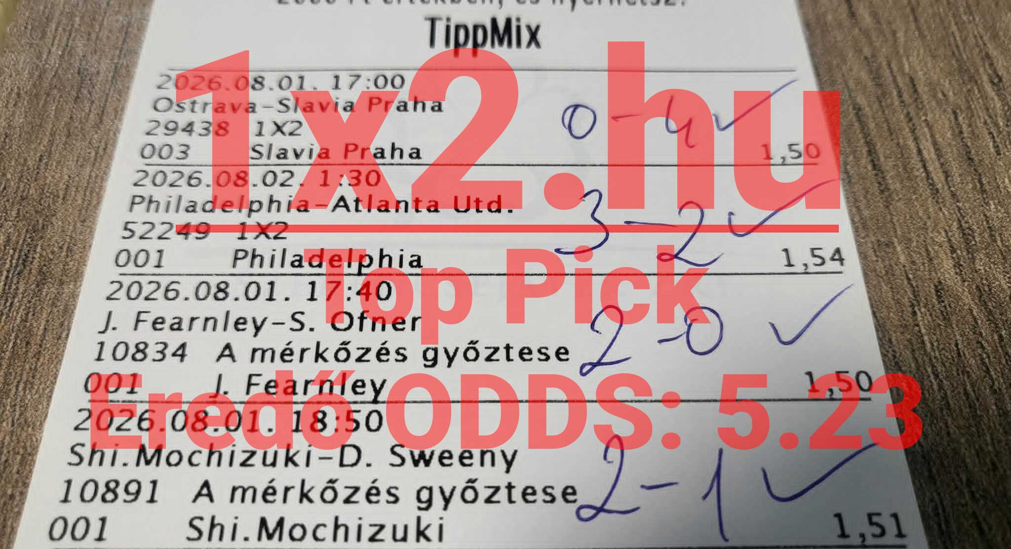 Sikeres TippMix sportfogadási szelvény kézzel írt nyertes eredményekkel és zöld pipákkal.