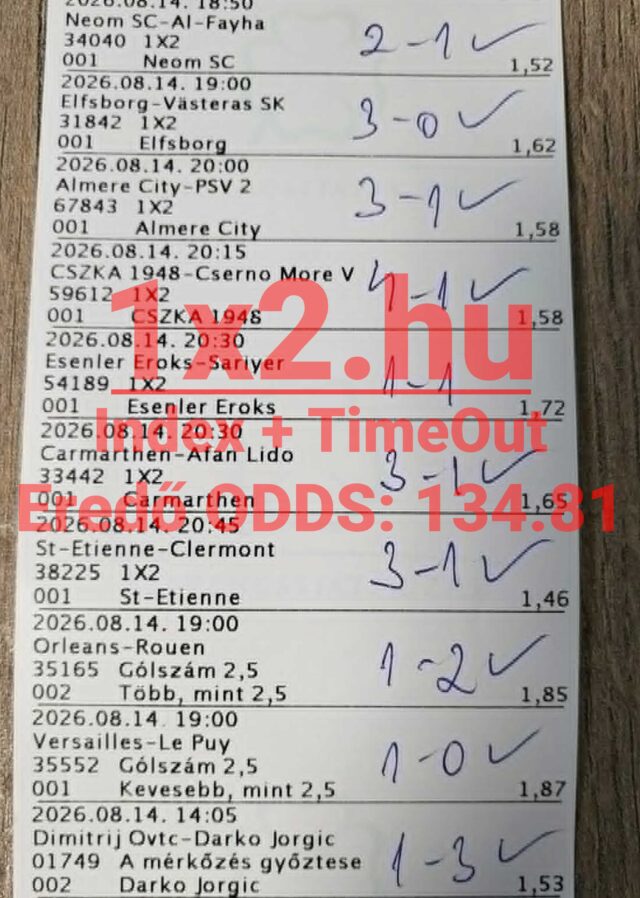 Kézzel ellenőrzött, sikeres sportfogadási szelvény meccseredményekkel és 1341,81-es eredő oddsszal.