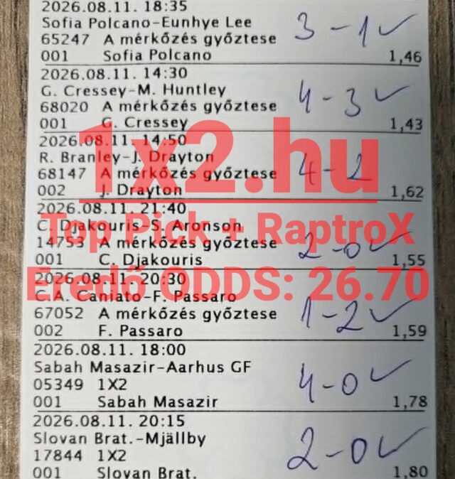 Sportfogadási szelvény nyertes mérkőzésekkel, kézzel írt eredményekkel és 26.70-es eredő oddsszal.