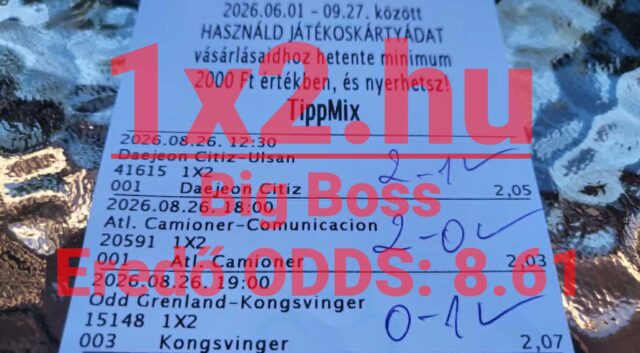 Három mérkőzésből álló, sikeresen eltalált Tippmix fogadási szelvény kézzel írt végeredményekkel és ellenőrző pipákkal.