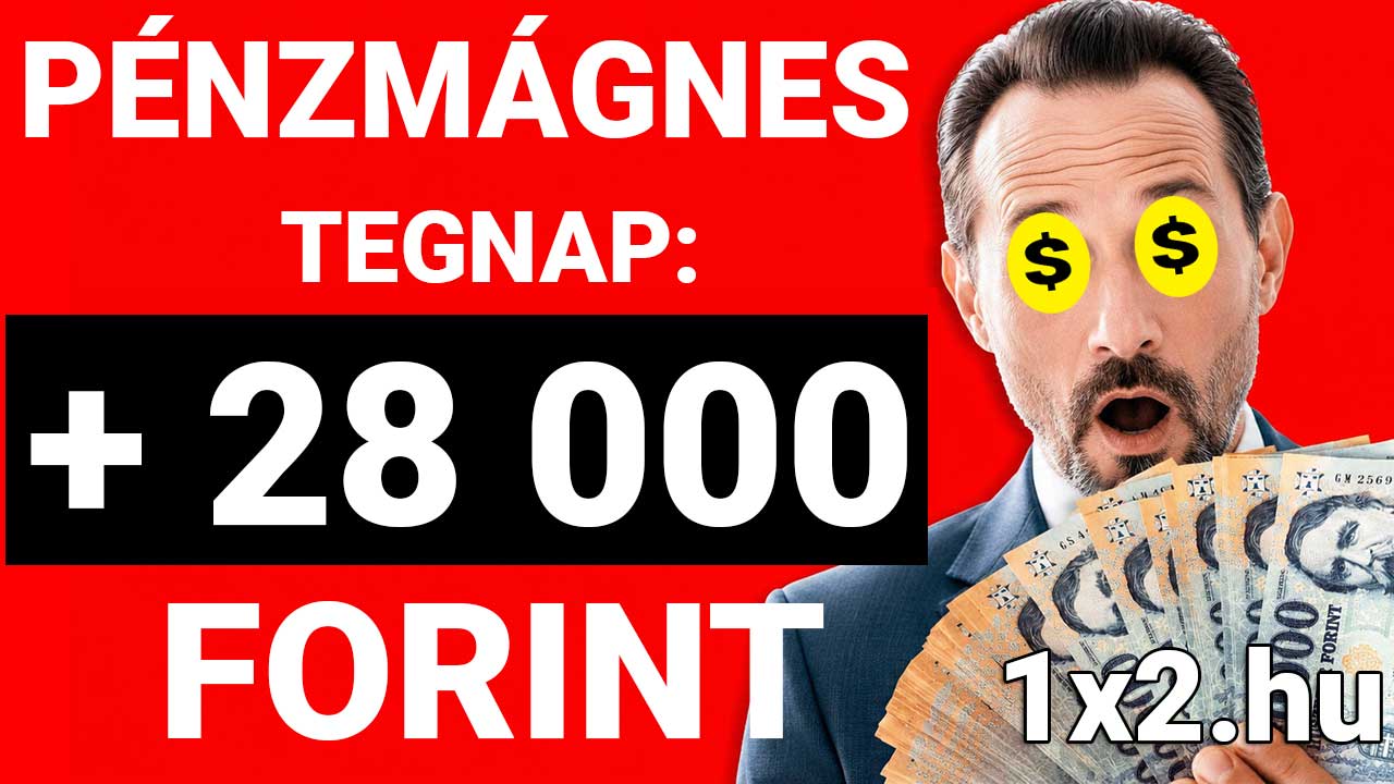 Öltönyös férfi dollárjelekkel a szemén és egy köteg magyar forintbankjeggyel a kezében, piros alapon Pénzmágnes és +28 000 Forint felirattal.