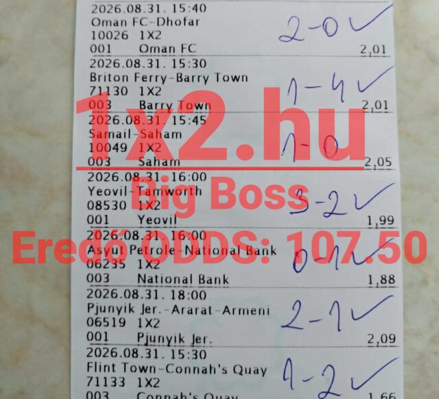 Nyertes labdarúgás fogadási szelvény kézzel beírt végeredményekkel, pipa jelekkel és 107,50-es odds felirattal.