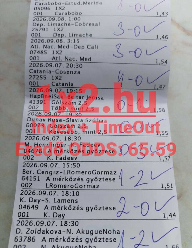 Kinyomtatott sportfogadási szelvény kézzel beírt nyertes mérkőzés-eredményekkel és ellenőrző pipákkal.