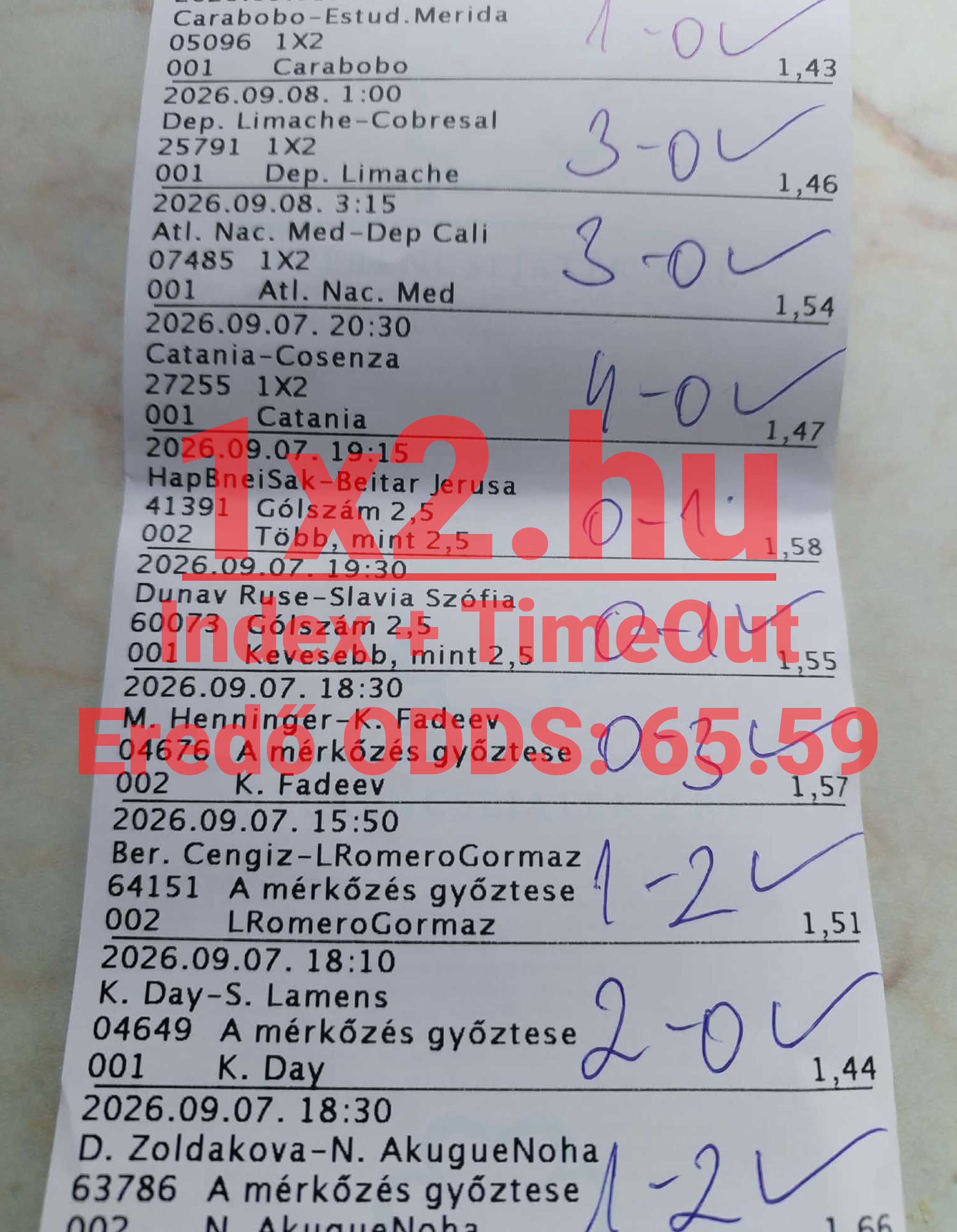 Kinyomtatott sportfogadási szelvény kézzel beírt nyertes mérkőzés-eredményekkel és ellenőrző pipákkal.