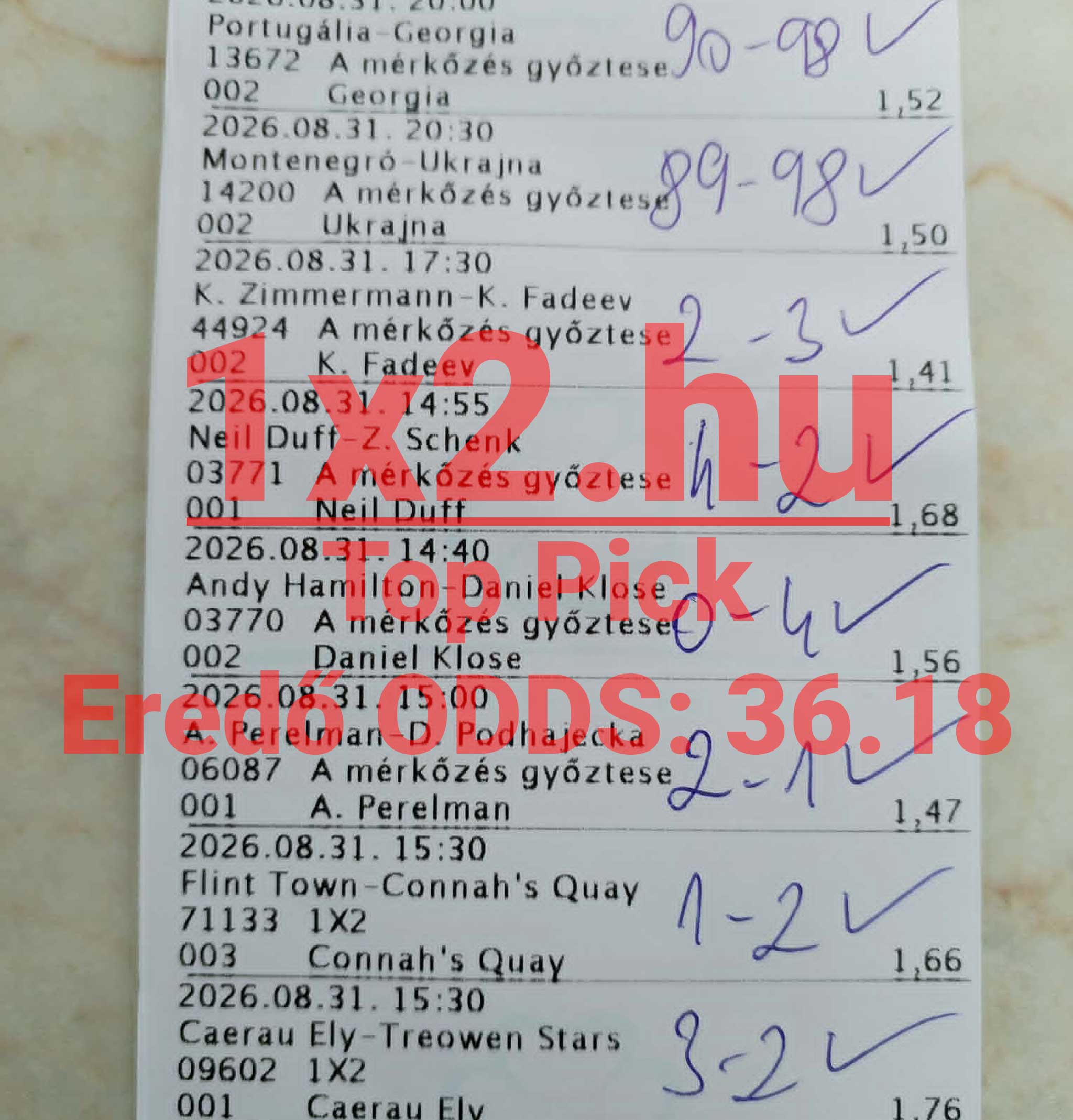 Kézzel írt eredményekkel és pipákkal ellátott nyertes sportfogadási szelvény, amelyen 36.18-as eredő odds és a 1x2.hu felirat látható.