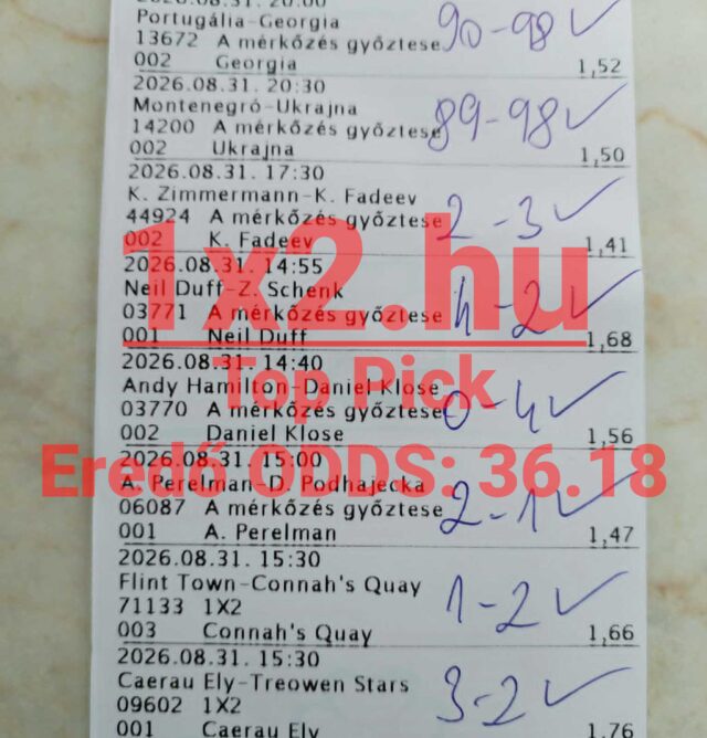 Nyertes sportfogadási szelvény kézzel írt végeredményekkel, pipákkal és 36,18-as eredő oddsszal.