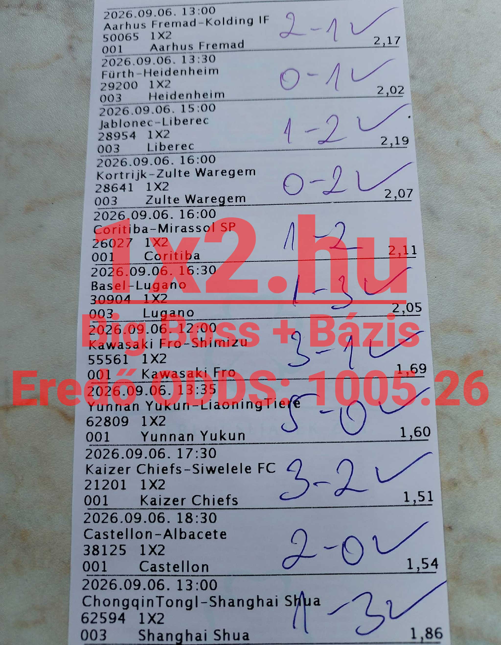 Kézzel írt végeredményekkel és kipipált tippekkel ellátott nyertes sportfogadási szelvény több futballmérkőzéssel.
