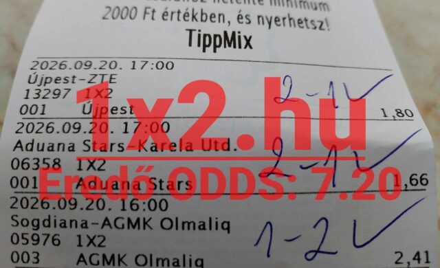 TippMix papíralapú fogadási szelvény, rajta három labdarúgó-mérkőzésre tett 1X2-es tippekkel és oddsokkal.