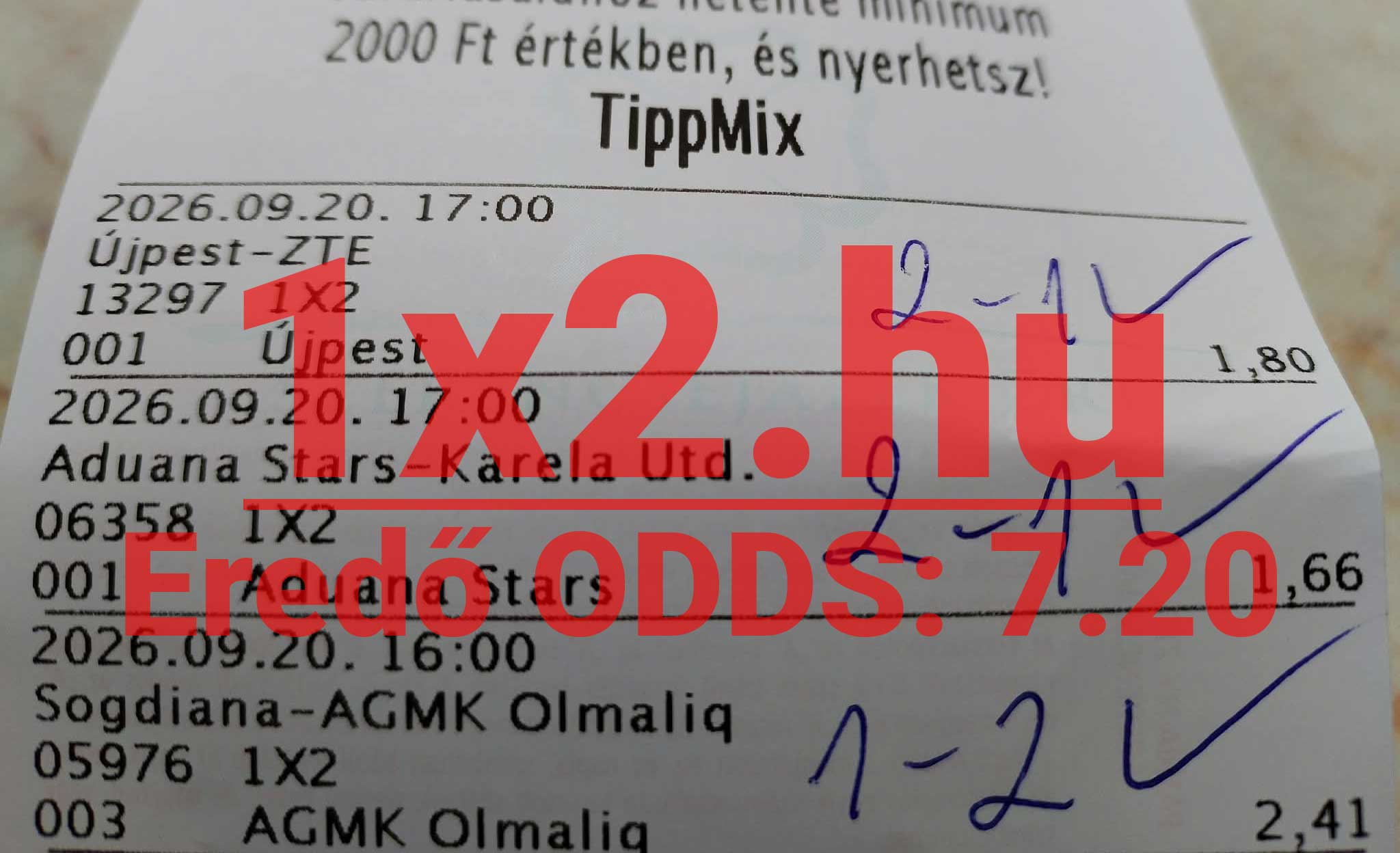 TippMix papĂralapĂș fogadĂĄsi szelvĂ©ny, rajta hĂĄrom labdarĂșgĂł-mĂ©rkĆzĂ©sre tett 1X2-es tippekkel Ă©s oddsokkal.