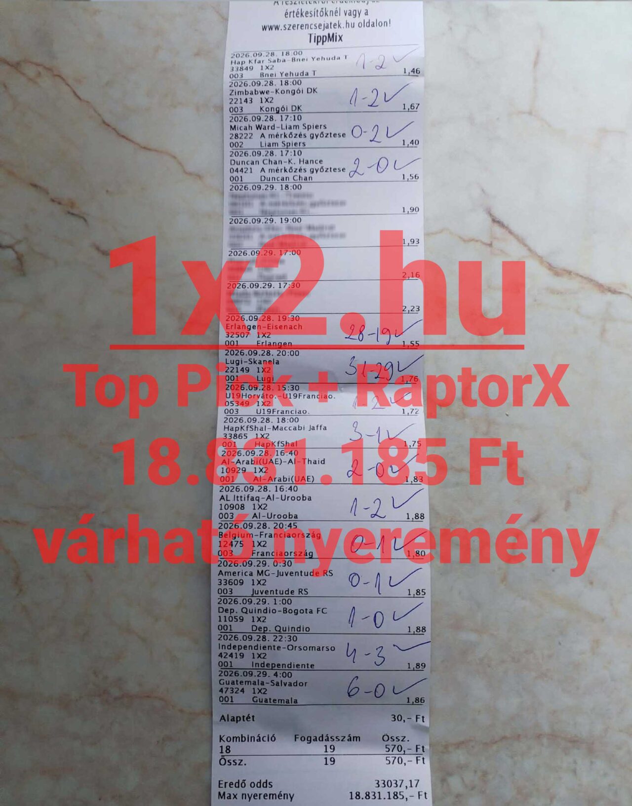 Papíralapú TippMix sportfogadási szelvény beírt meccseredményekkel, kiemelt 18.831.185 Ft-os várható nyereménnyel és 1x2.hu felirattal.