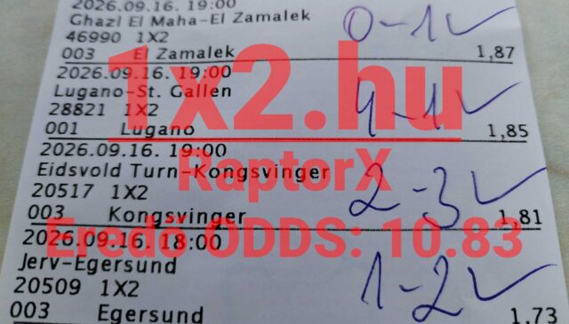Kézzel írt eredményekkel és pipa jelekkel ellátott sportfogadási szelvény, amelyen 10,83-as eredő odds látható.