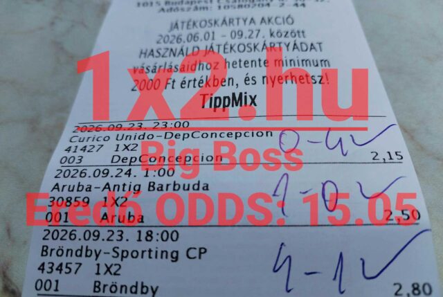 Papír alapú Tippmix szelvény különféle labdarúgó-mérkőzésekre tett fogadásokkal és oddsokkal.