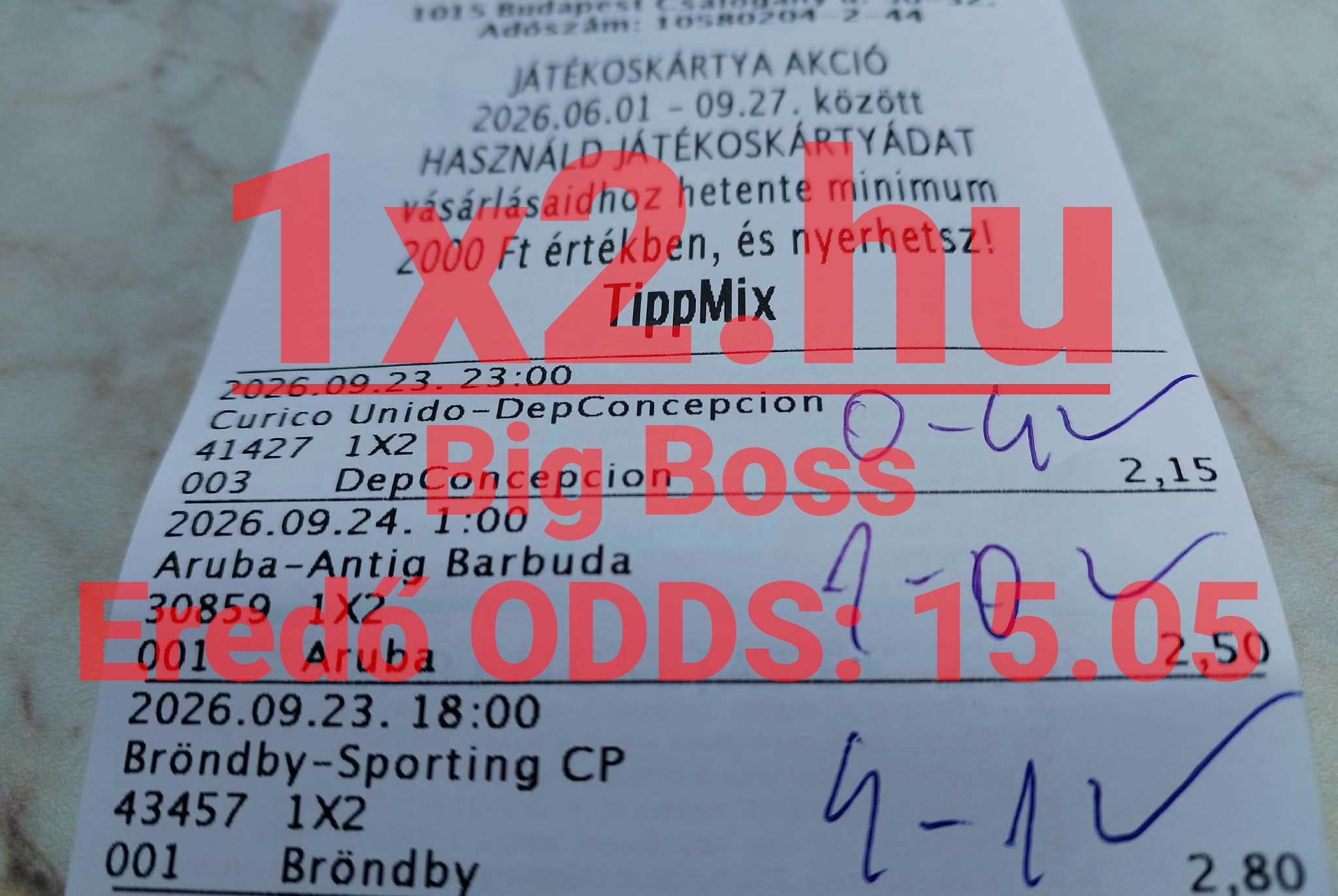 Papír alapú Tippmix szelvény különféle labdarúgó-mérkőzésekre tett fogadásokkal és oddsokkal.