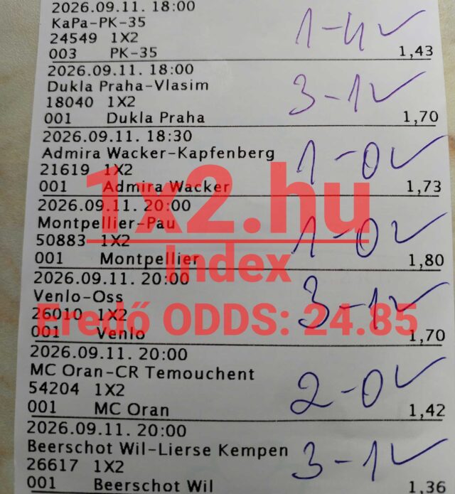 Sikeres labdarúgó tippmix szelvény kézzel írt nyertes végeredményekkel és zöld pipákkal.