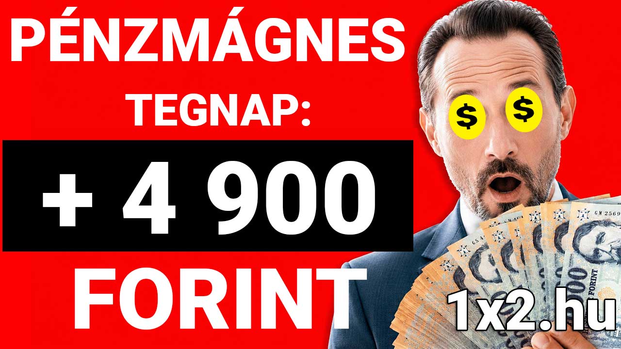 Öltönyös férfi dollárjelekkel a szemén egy köteg forint bankjegyet tart a kezében a Pénzmágnes felirat mellett.