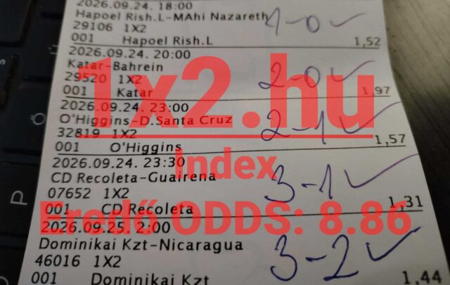 Nyomtatott sportfogadási szelvény labdarúgó mérkőzésekkel, kézzel írt végeredményekkel és 8,86-os eredő oddsszal.