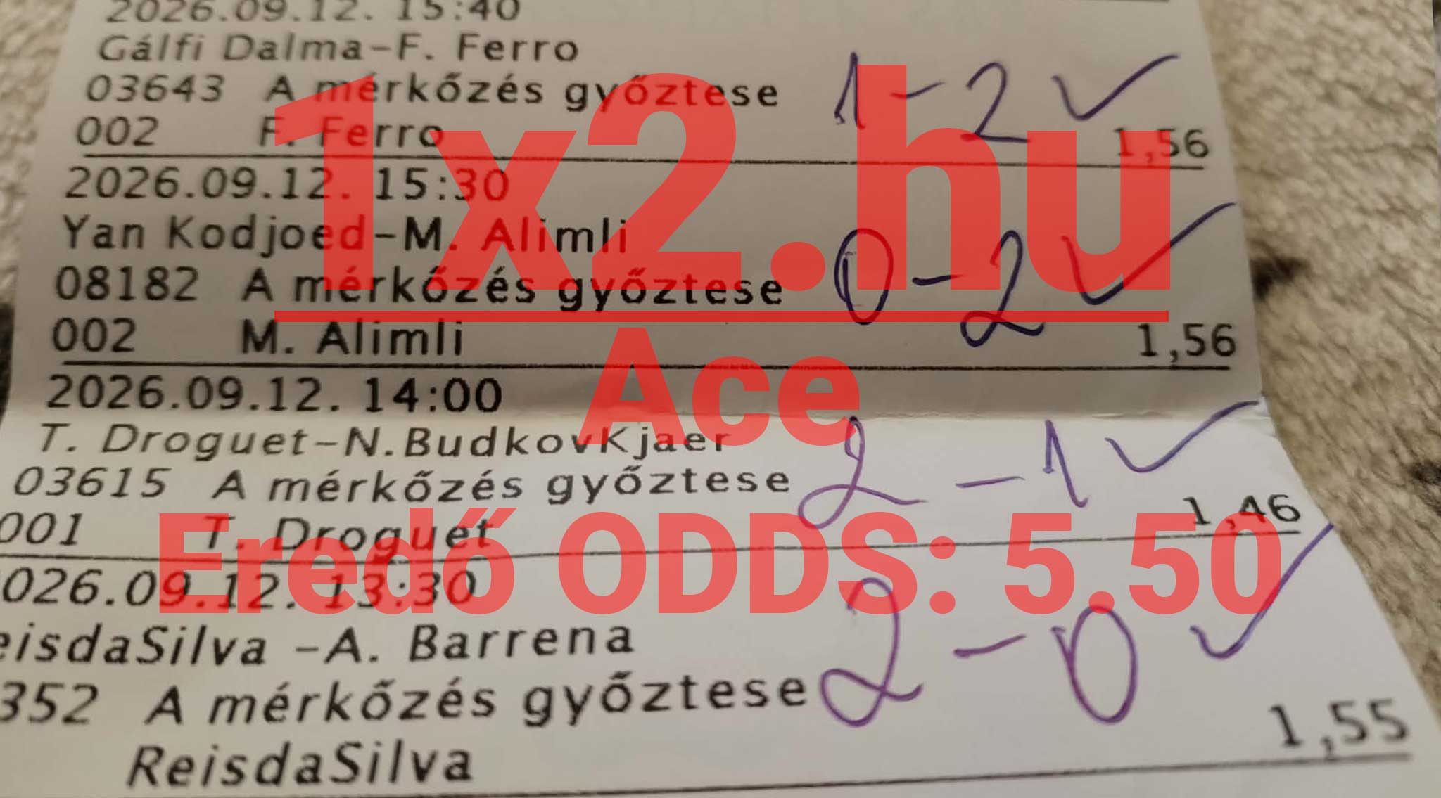 Nyertes tenisz mérkőzés tippeket tartalmazó fogadási szelvény 5,50-es eredő oddsszal és zöld pipákkal megjelölt találatokkal.