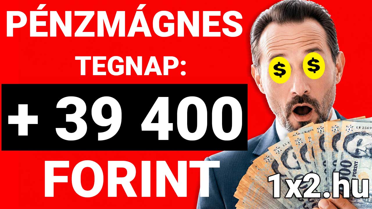 Öltönyös férfi dollárjelekkel a szemén és forintbankjegyekkel a kezében a Pénzmágnes stratégiával elért 39 400 forintos napi nyereményt hirdeti a piros hátterű képen.