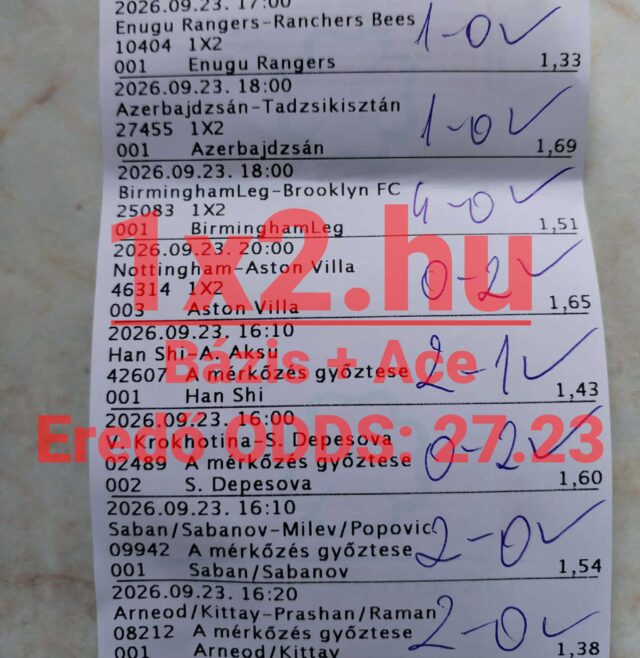 Papír alapú Tippmix sportfogadási szelvény, amelyen több labdarúgó- és teniszmérkőzés tippjei láthatóak kézzel írt eredményekkel.