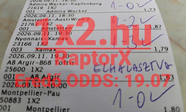 Kinyomtatott sportfogadás szelvény nyertes mérkőzésekkel, kézzel írt eredménypipákkal és 19.01-es eredő oddsszal.