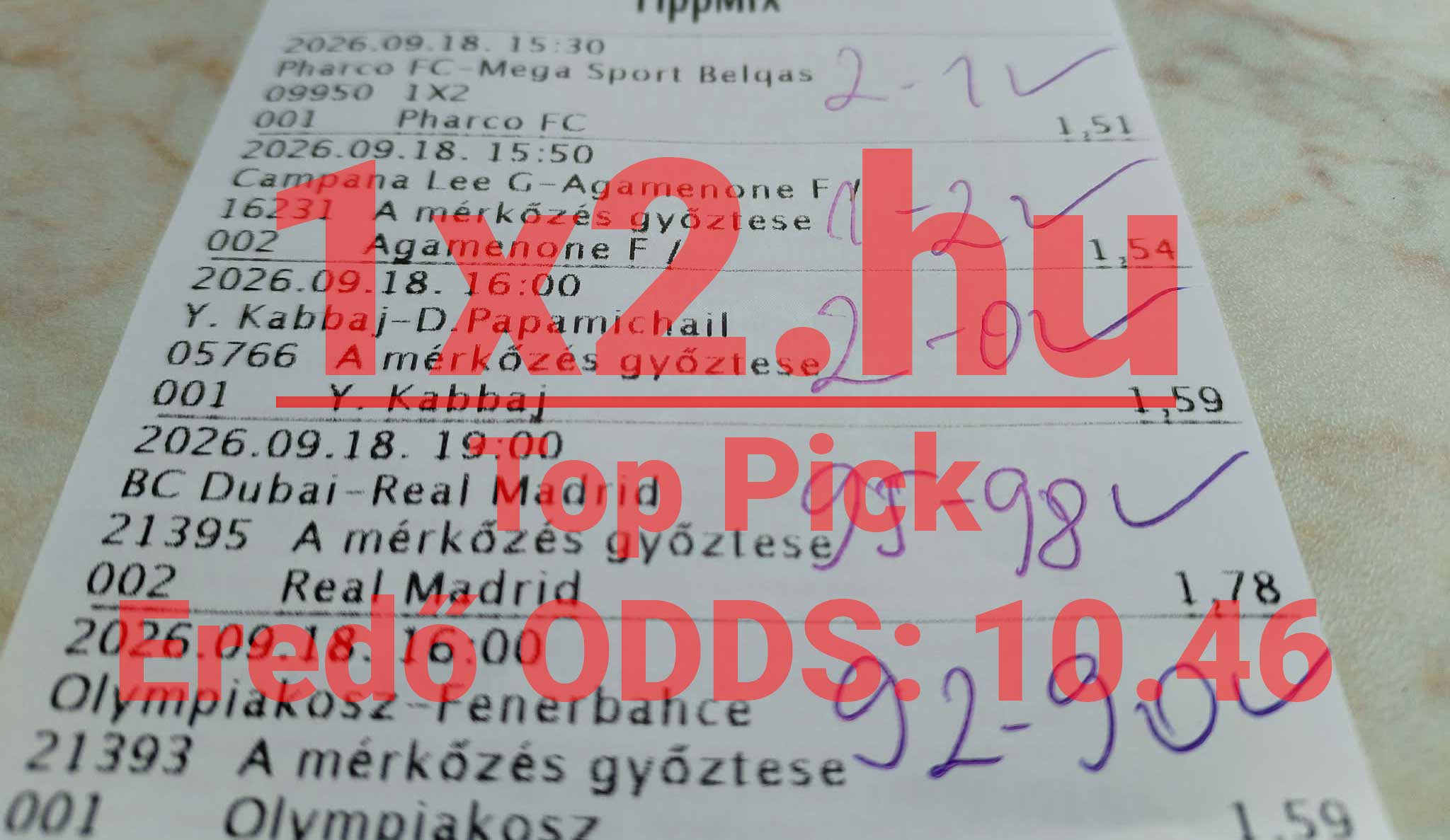 Nyomtatott Tippmix sportfogadási szelvény különböző labdarúgó, tenisz és kosárlabda mérkőzések tippjeivel és oddsaival.