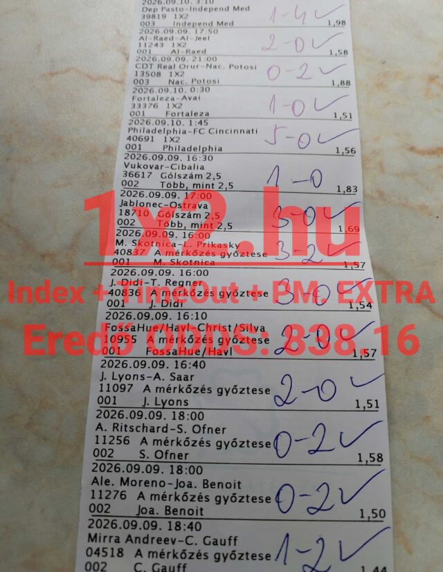 Kinyomtatott sportfogadási szelvény kézzel beírt nyertes meccseredményekkel és pipa jelölésekkel.