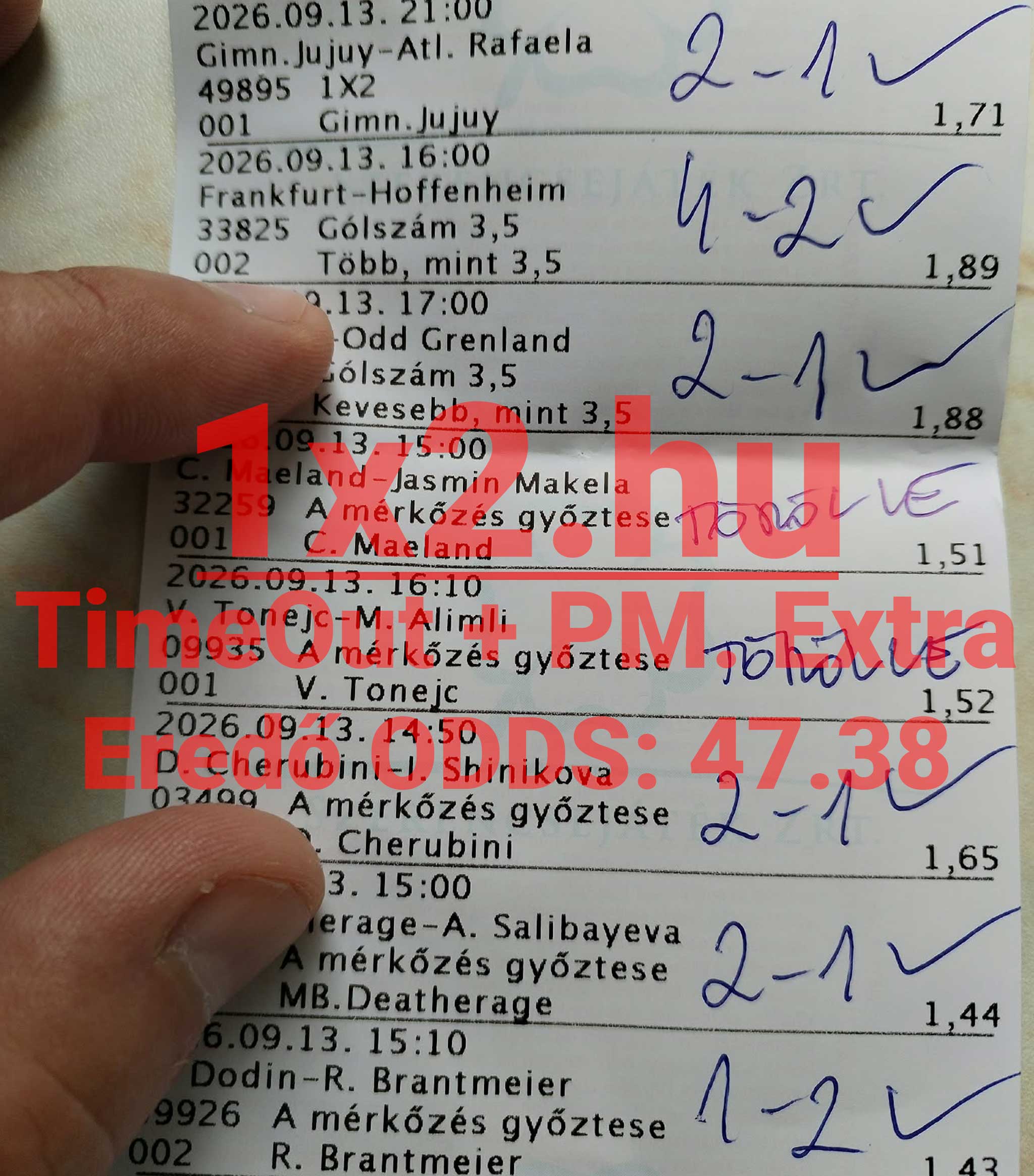 Kézzel kiértékelt sportfogadási szelvény ellenőrzött tippekkel és mérkőzéseredményekkel.