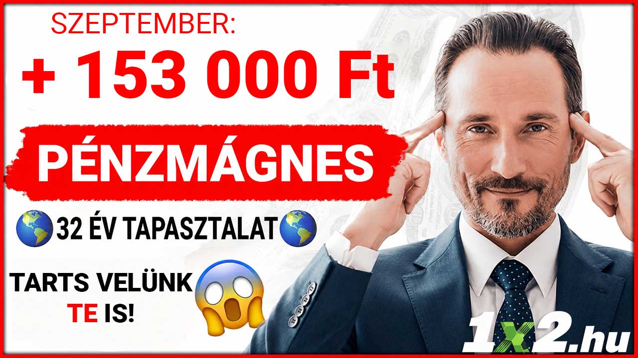 Elegáns öltönyös férfi a halántékához érinti az ujjait egy hirdetésen, amely +153 000 Ft szeptemberi profitot és 32 év tapasztalatot emel ki.