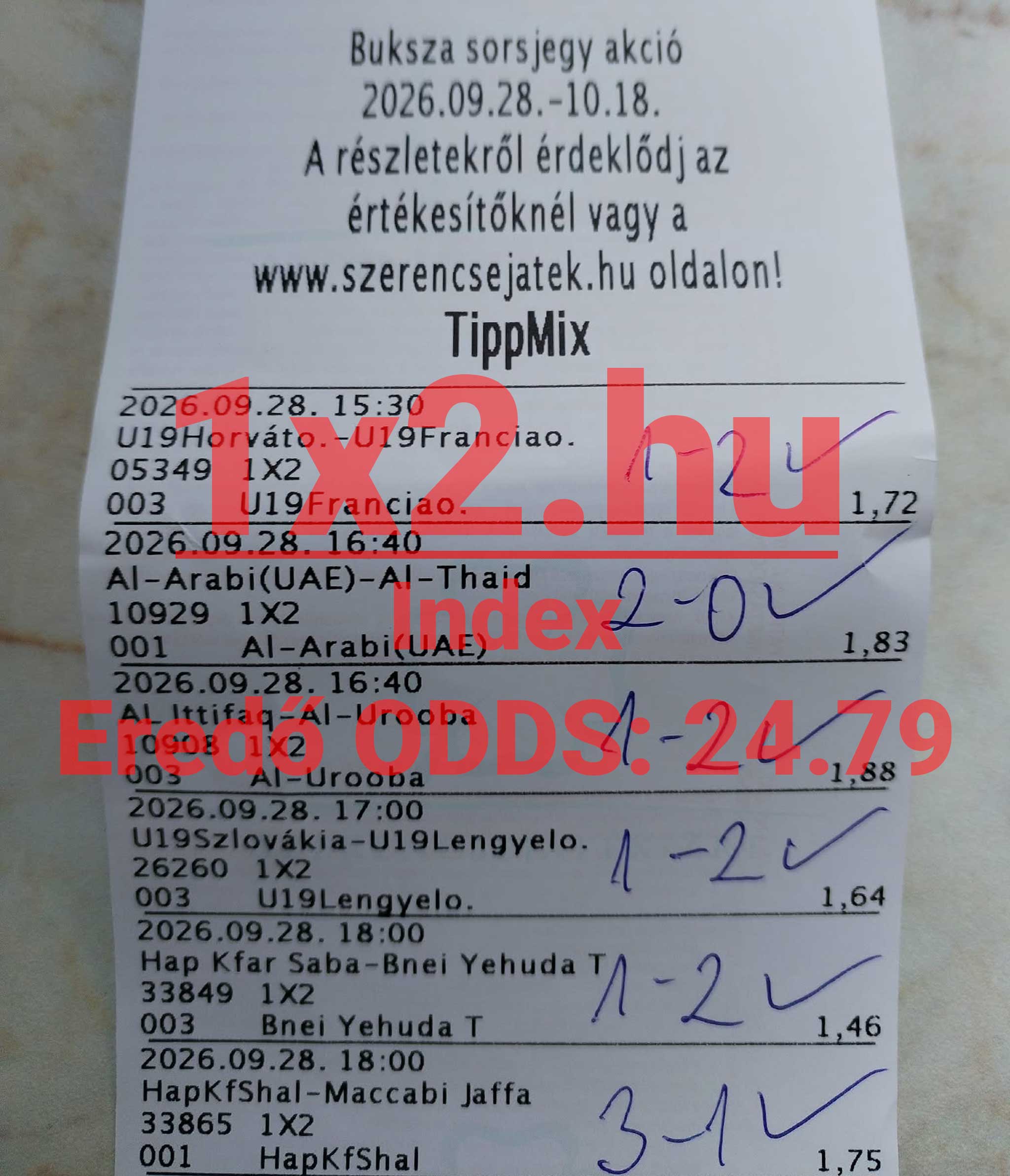 Nyomtatott Szerencsejáték Zrt. TippMix szelvény több labdarúgó-mérkőzésre tett tippel, kézzel írt eredményekkel és jelölésekkel.