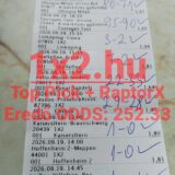 Kézzel feljegyzett meccseredményeket tartalmazó Tippmix szelvény, piros 1X2.hu TopPick és RaptorX szöveggel.
