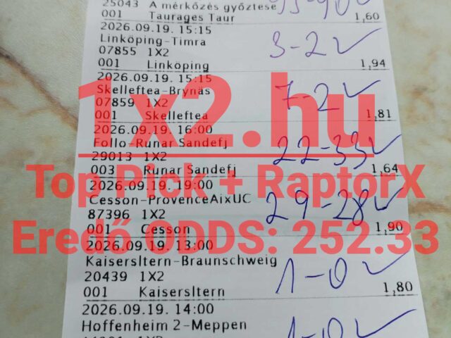 1×2.hu – TOP PICK + RAPTORX: 10/10 találat, 250 feletti eredő!