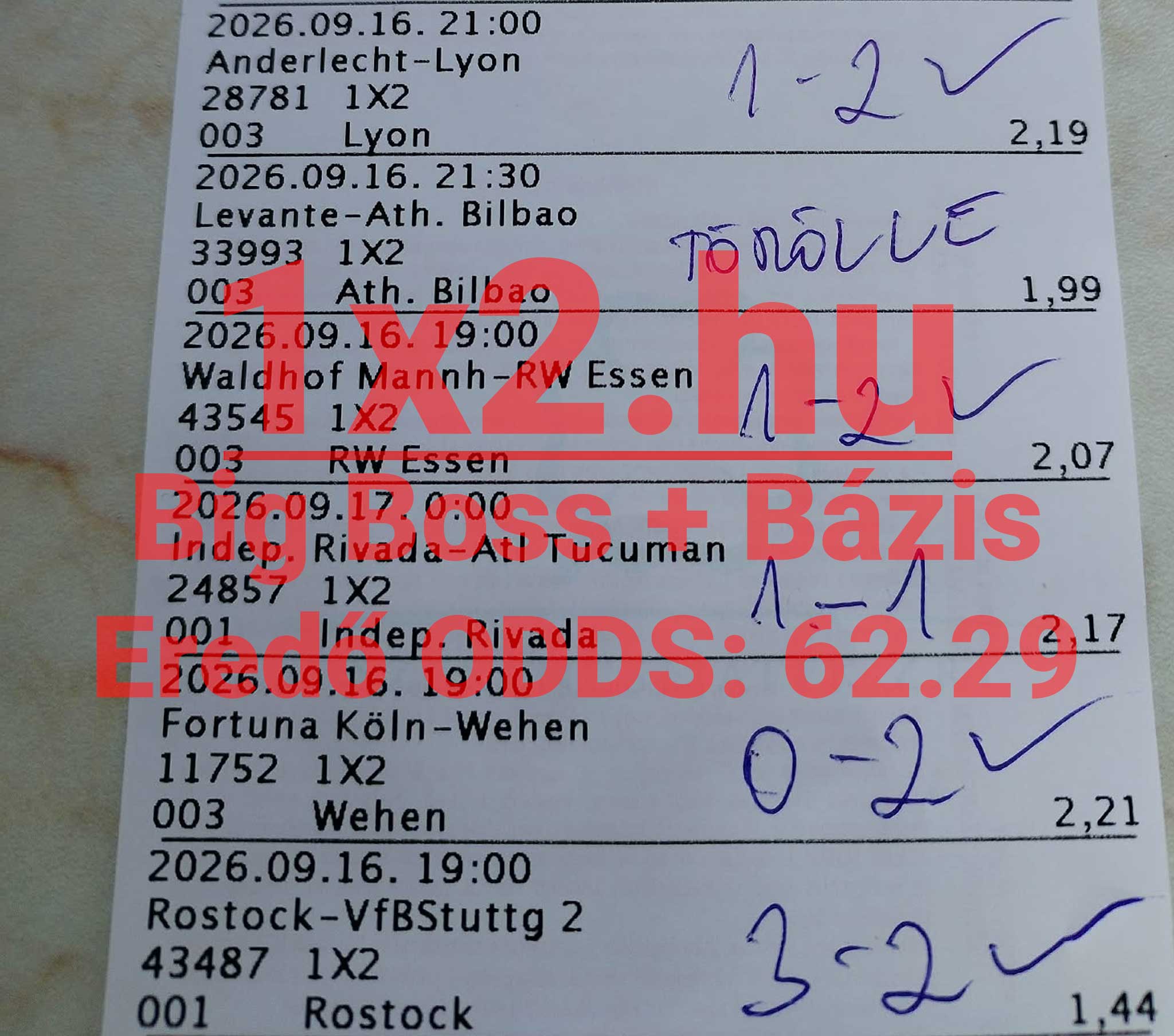 Nyomtatott sportfogadási szelvény kézzel írt mérkőzéseredményekkel, szorzókkal és feljegyzésekkel.
