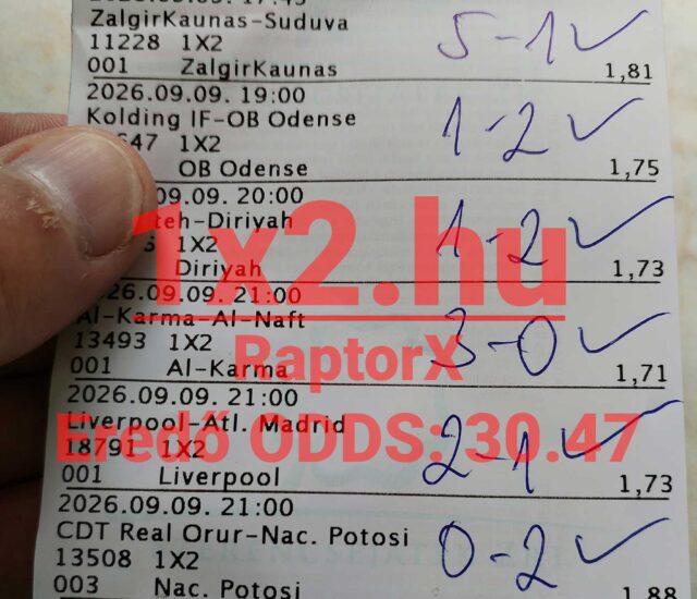 Sikeres kimenetelű sportfogadási szelvény kézzel írt mérkőzéseredményekkel és zöld pipákkal felülbélyegezve.