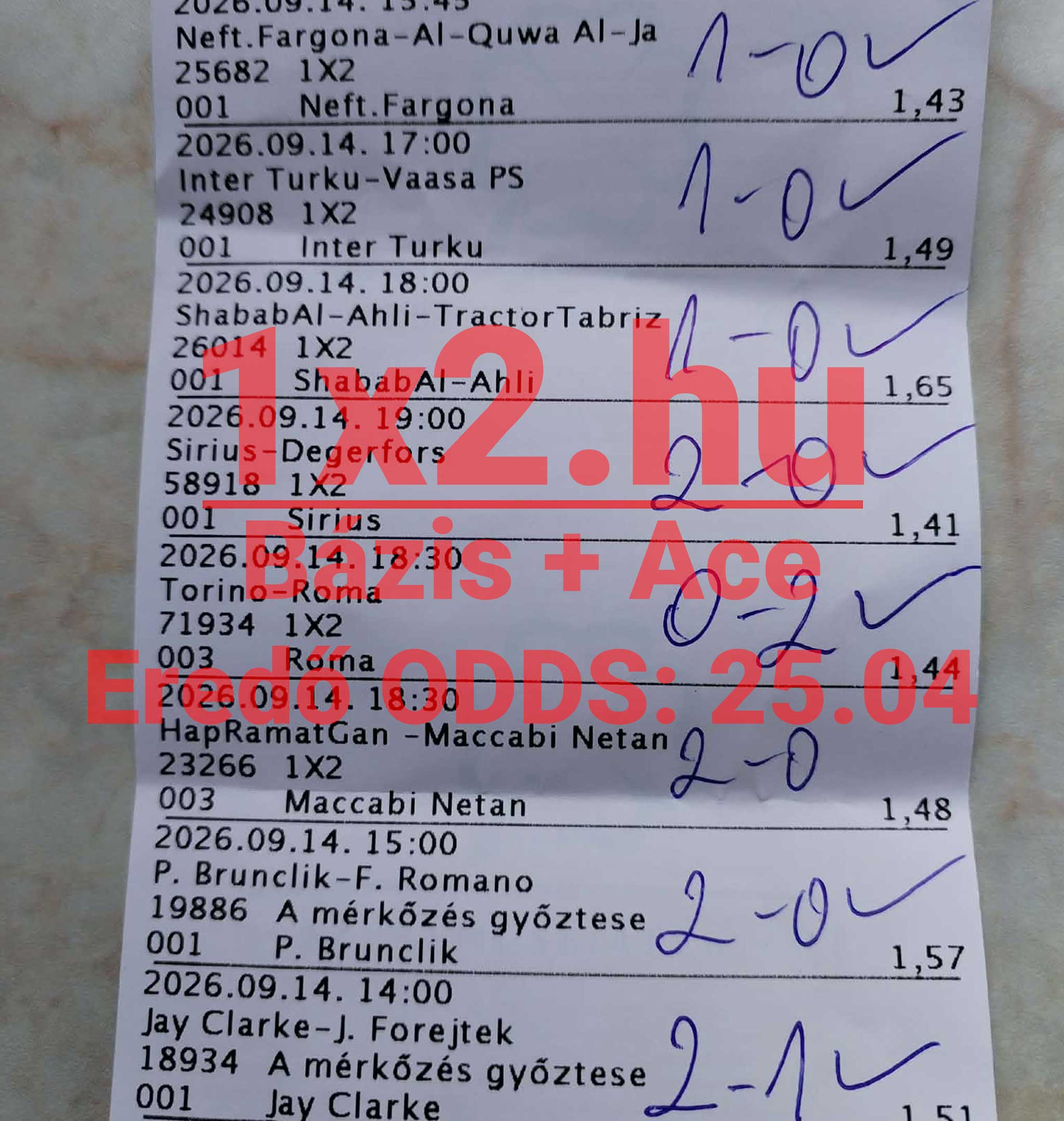 Nyertes Tippmix sportfogadĂĄsi szelvĂ©ny kĂ©zzel Ărt eredmĂ©nnyel Ă©s pipĂĄkkal, 25,04-es eredĆ oddsszal.