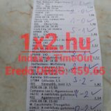 Nyomtatott sportfogadási szelvény kézzel írt mérkőzéseredményekkel és 459,65-ös eredő oddsszal.