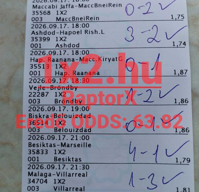 Nyomtatott sportfogadási szelvény kézzel írt végeredményekkel és pipákkal, a 1x2.hu vízjelével.