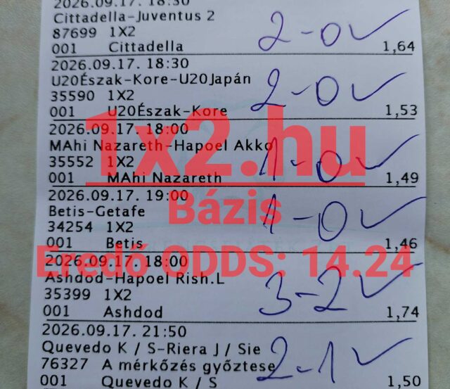 Kézzel megjelölt sportfogadási szelvény labdarúgó mérkőzésekkel és egy 14.24-es odds felirattal.