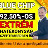 Sárga hátterű promóciós grafikán egy mosolygó öltönyös férfi látható, a Blue Chip Prémium Csoport 92,50%-os hatékonyságát és 32 éves tapasztalatát hirdetve.
