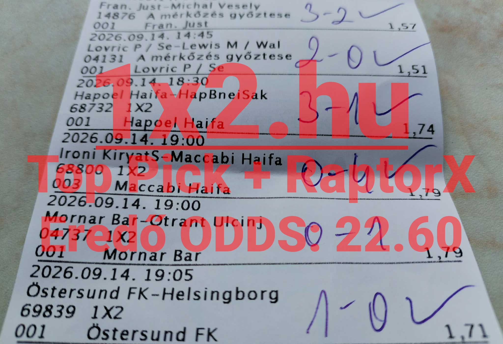 Nyertes Tippmix sportfogadĂĄsi szelvĂ©ny kĂ©zzel beĂrt eredmĂ©nyekkel Ă©s pipĂĄkkal, 22.60-as szorzĂłval.