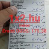 Kék tollal kipipált, nyertes tippmix szelvény a meccsek végeredményeivel és 175,38-as eredő odds-szal.