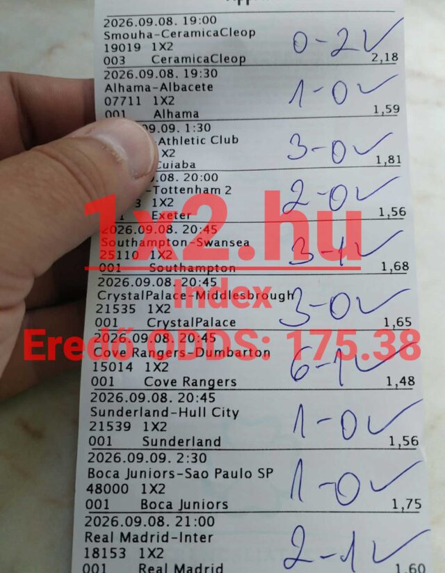 Kék tollal kipipált, nyertes tippmix szelvény a meccsek végeredményeivel és 175,38-as eredő odds-szal.