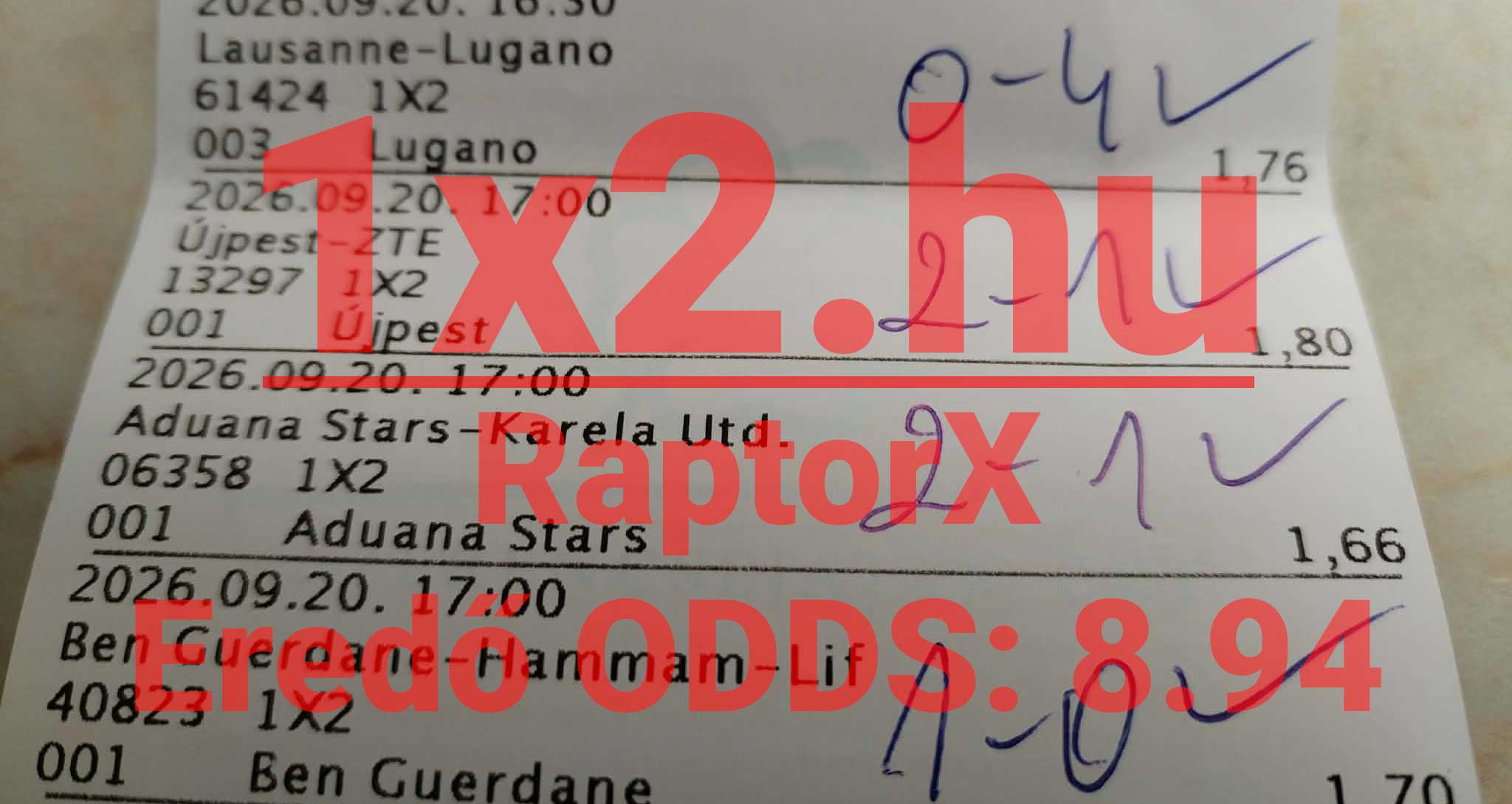 Nyomtatott sportfogadĂĄsi szelvĂ©ny több futballmĂ©rkĆzĂ©s tippjĂ©vel Ă©s kĂ©zzel Ărt eredmĂ©nyekkel, 1x2.hu felirattal.
