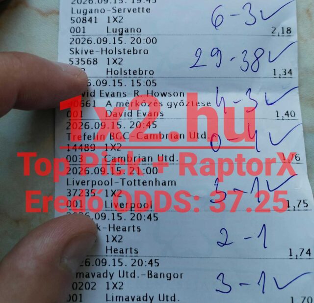 Nyomtatott sportfogadási szelvény kézírásos meccseredményekkel, oddsokkal és feliratokkal.