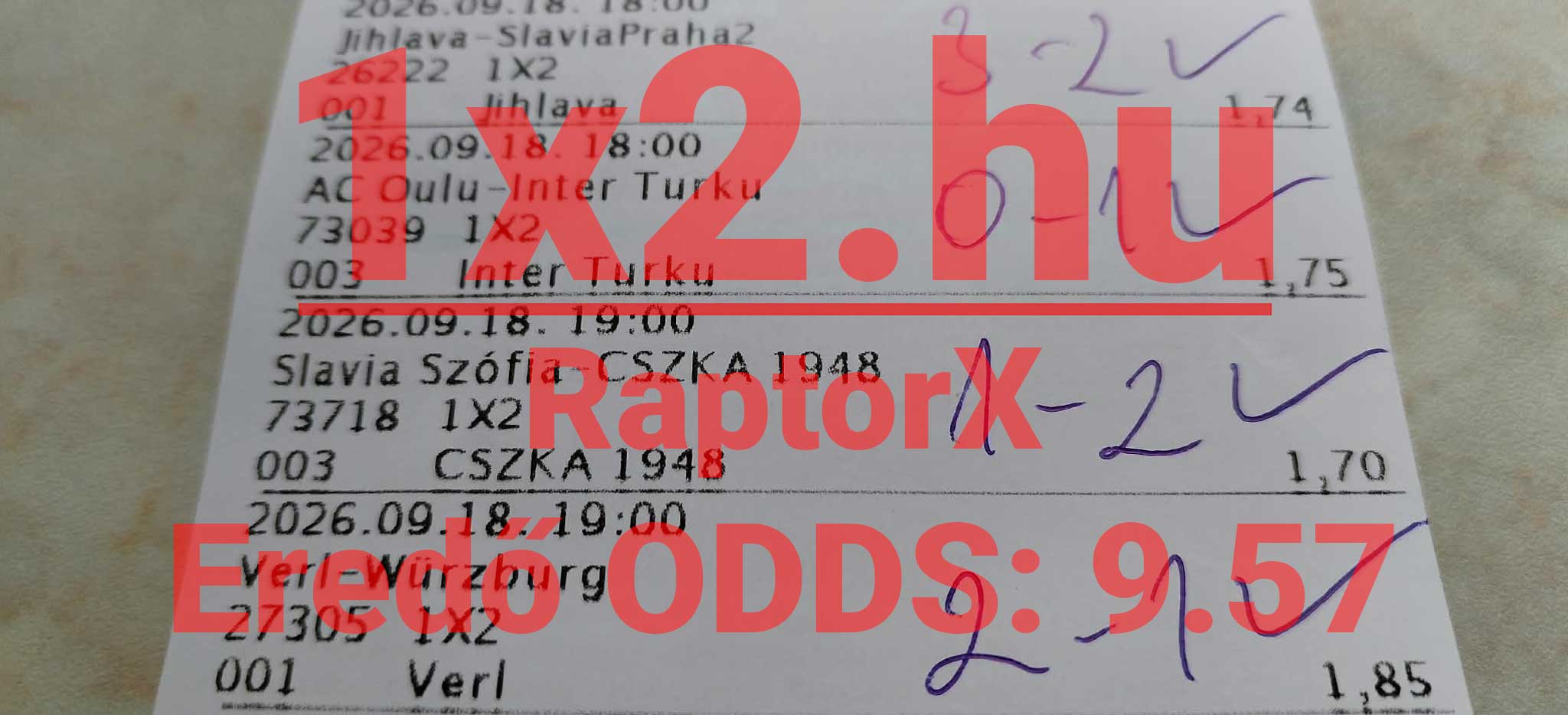 Kinyomtatott sportfogadási szelvény több futballmérkőzéssel, kézzel ráírt végeredményekkel és szorzókkal.