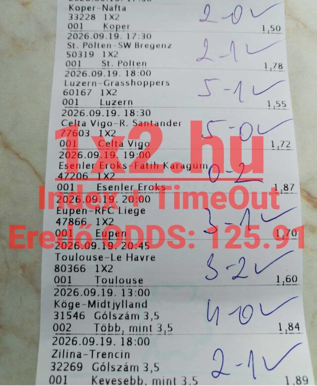 Nyomtatott Tippmix sportfogadási szelvény kézzel írt mérkőzéseredményekkel, jelölésekkel és kiemelt odds értékkel.