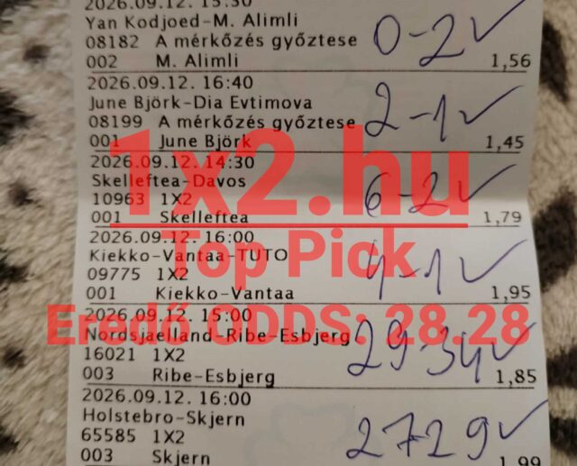 Nyertes sportfogadási szelvény kézzel beírt eredményekkel és pipákkal, 28,28-as eredő oddsszal.