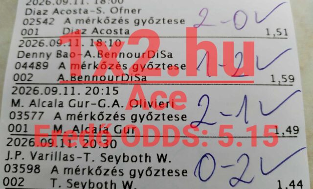Kinyomtatott sportfogadási szelvény négy sikeres teniszmérkőzés tippjével és kézzel írt végeredményekkel.