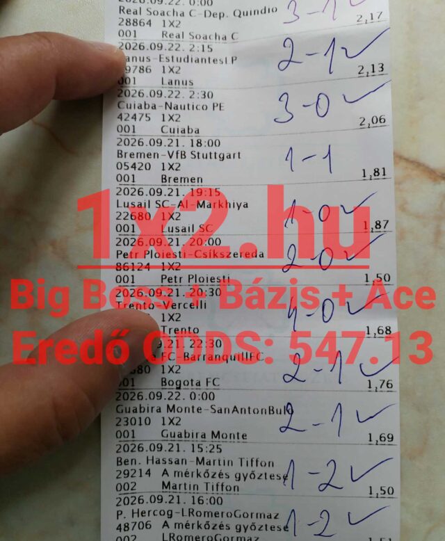 Nyomtatott sportfogadási szelvény kézzel írt mérkőzéseredményekkel és 1X2 típusú tippekkel.